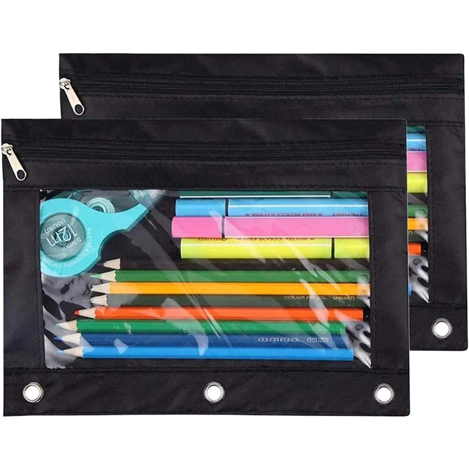 Pencil Pouch 3 Ring, Zipper Pencil Pouches Case Binder  Bag Black 2 Pack