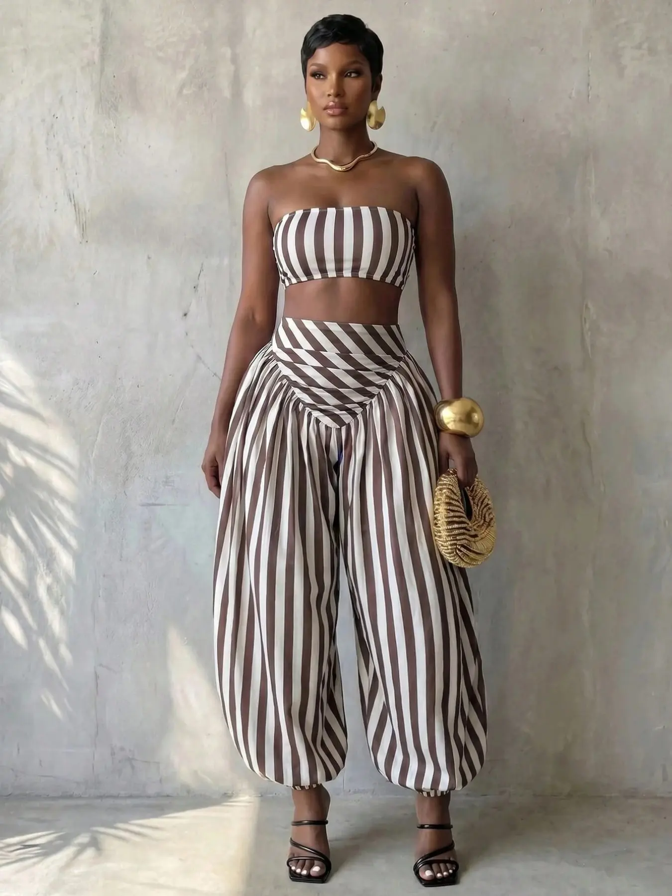 Women's Striped Cropped Tube Top & Loose Jogger Pants 2pcs Set, Summer Vacation, Comfortable Tropical Style