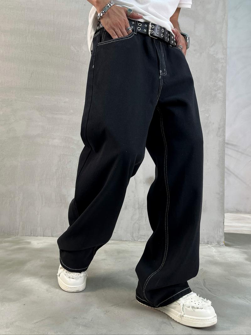 Men's Solid Color Loose Straight Leg Jeans, Casual Comfy Denim Jeans for Daily Wear, Woven Bottoms for All Seasons Pants, Dark Wash Cuffed