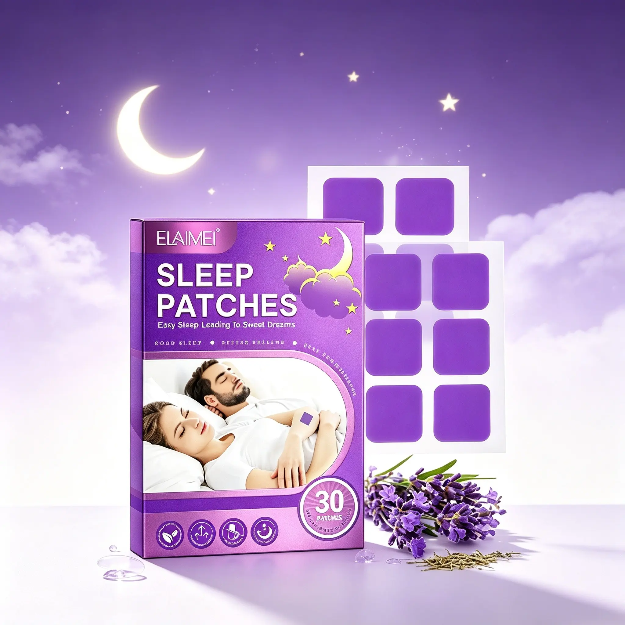 Elaimei Sleep Aid Patch 30p, Lavender Essential Oil & Herbal Extracts, Gentle Formula, Non-Irritating, Improves Sleep, Ideal for Insomnia
