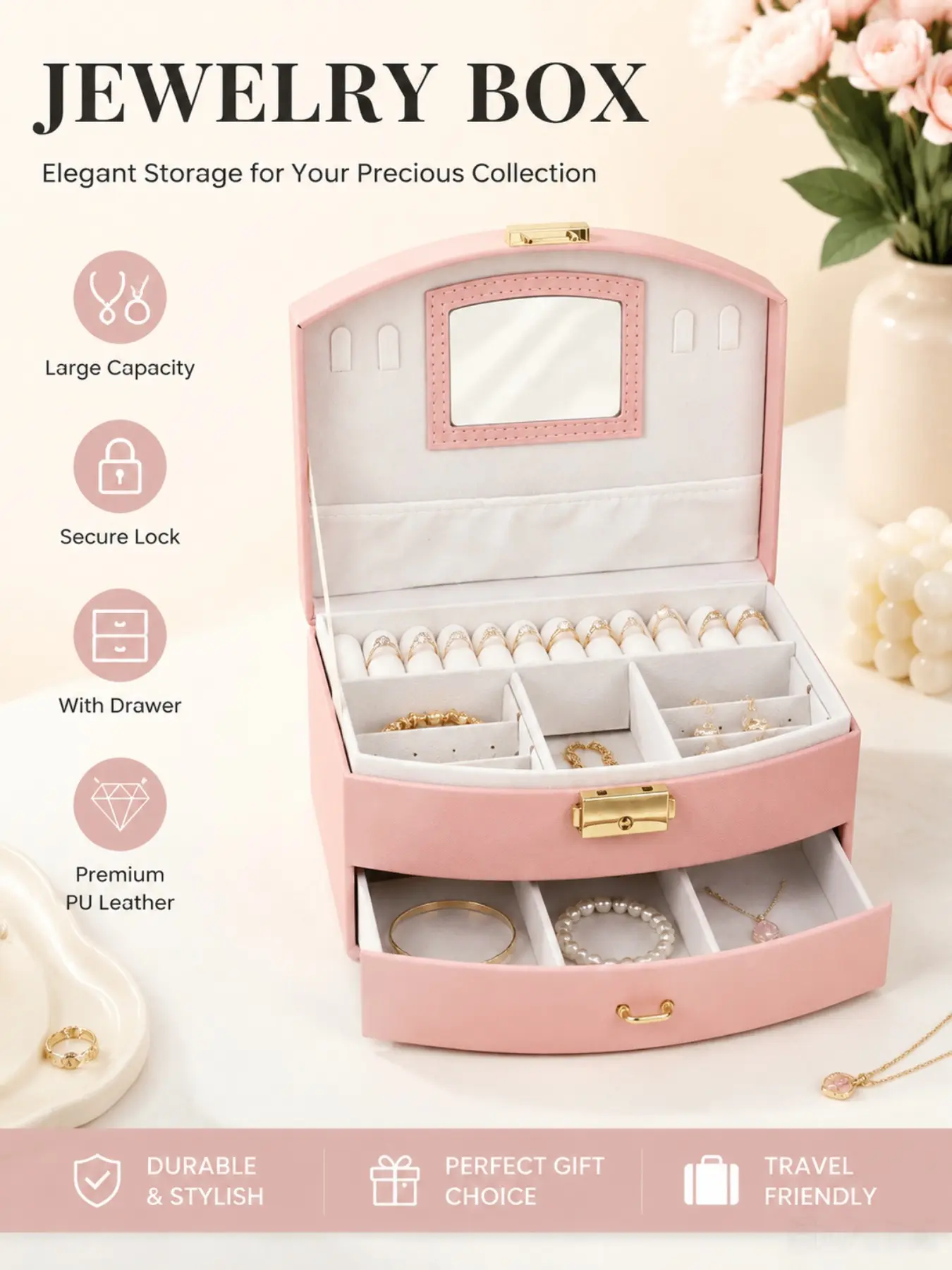 1PC Pink Double-Layer Leather Jewelry Box, with Dressing Mirror, Compartmentalized Dustproof Storage, Portable Lockable Storage Box for Girls' Hair Accessories, Earrings, and Necklaces, Dustproof Storage Boxes