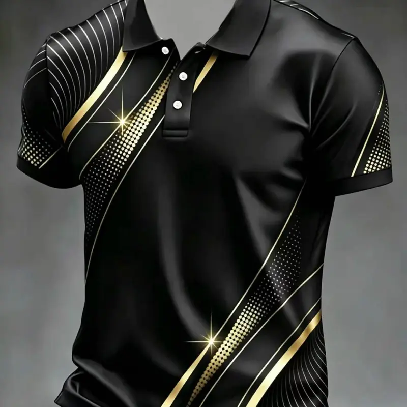 Abstract Print Men's Polo Shirt, Printed Polo Shirts, Short Sleeve Slim-Fit Top, Graphic Pattern, Unlined, Plain Surface, Made in Mainland China