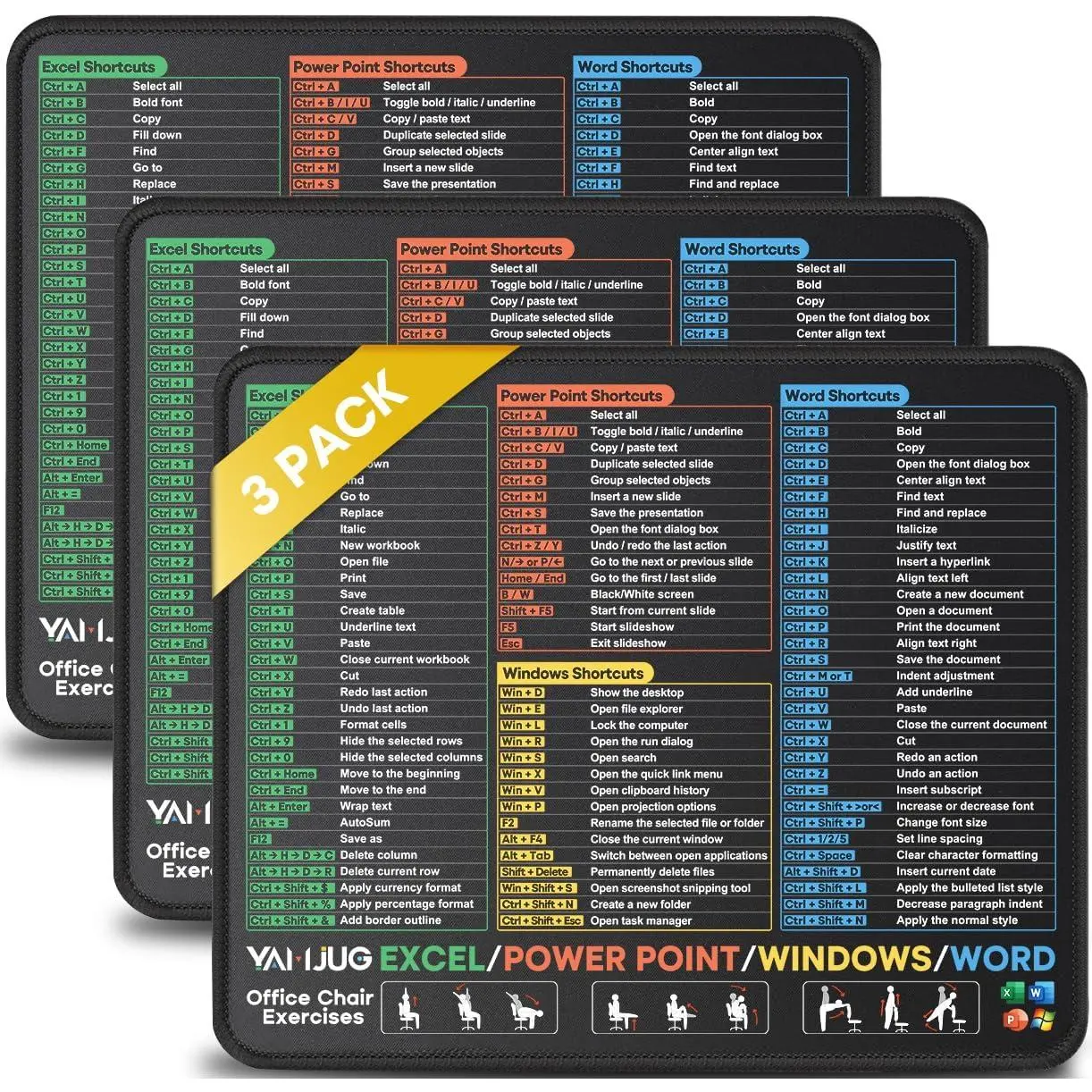 3-Pack Excel/PPT/Win Shortcut Guide Mouse Pads, Non-Slip Rubber Base, Anti-Fray Stitched Small Desk Cheat Sheet, Easy-To-Find Categorized Shortcuts, 10.2x8.3x0.12in, Mousepad