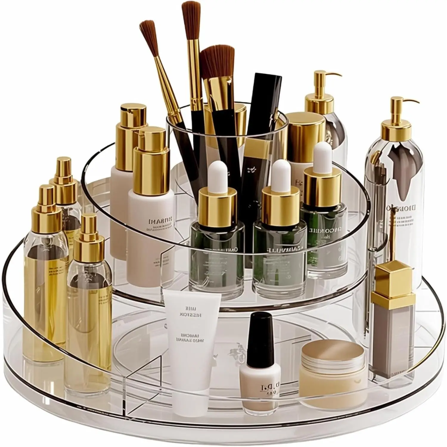 360 Rotating Clear Acrylic Makeup Organizer, Lazy Susan Cosmetic Storage Turntable for Skincare, Perfume & Lipstick, Round Spinning Tray with Brush Holder for Vanity and BathroomGift