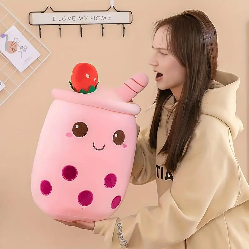 Strawberry Boba Tea Plush Pillow, Cute Unisex Cartoon Soft Stuffed Item, Home Hugging Gift for Kids, Decorative Decoration (Toys & Hobbies - Classic & Novelty Toys), Bubble Tea, Soft Plush