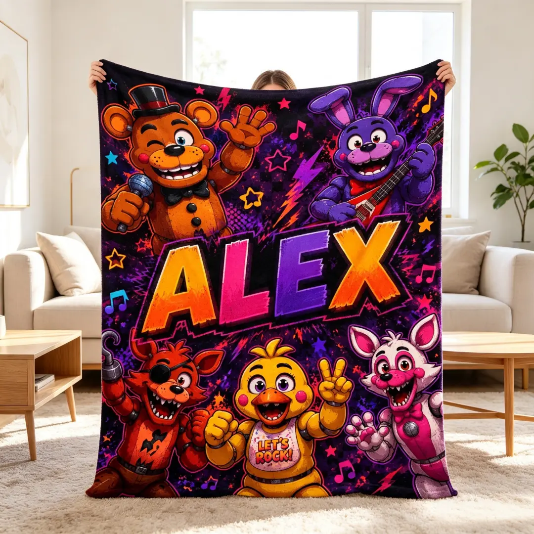 Personalized FNAF blankets, customizable with names, made of flannel, perfect as a gamer gift for children and teens, Five Nights in the Harem themed room decor, cozy birthday gift, boys' bedding, a wonderful gift for kids, family, and friends.