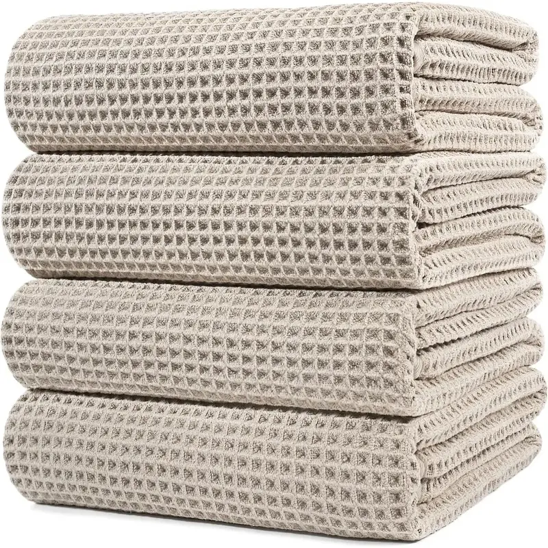 Household Oversized Traditional Honeycomb Waffle Weave Synthetic Microfiber Bath Towel Set - 4-Pack, 60x30 in, Beige, Quick Dry, Lint Free, Hanging-Friendly, Durable for Bath Wiping, Honeycomb Waffle Weave Towel Sets
