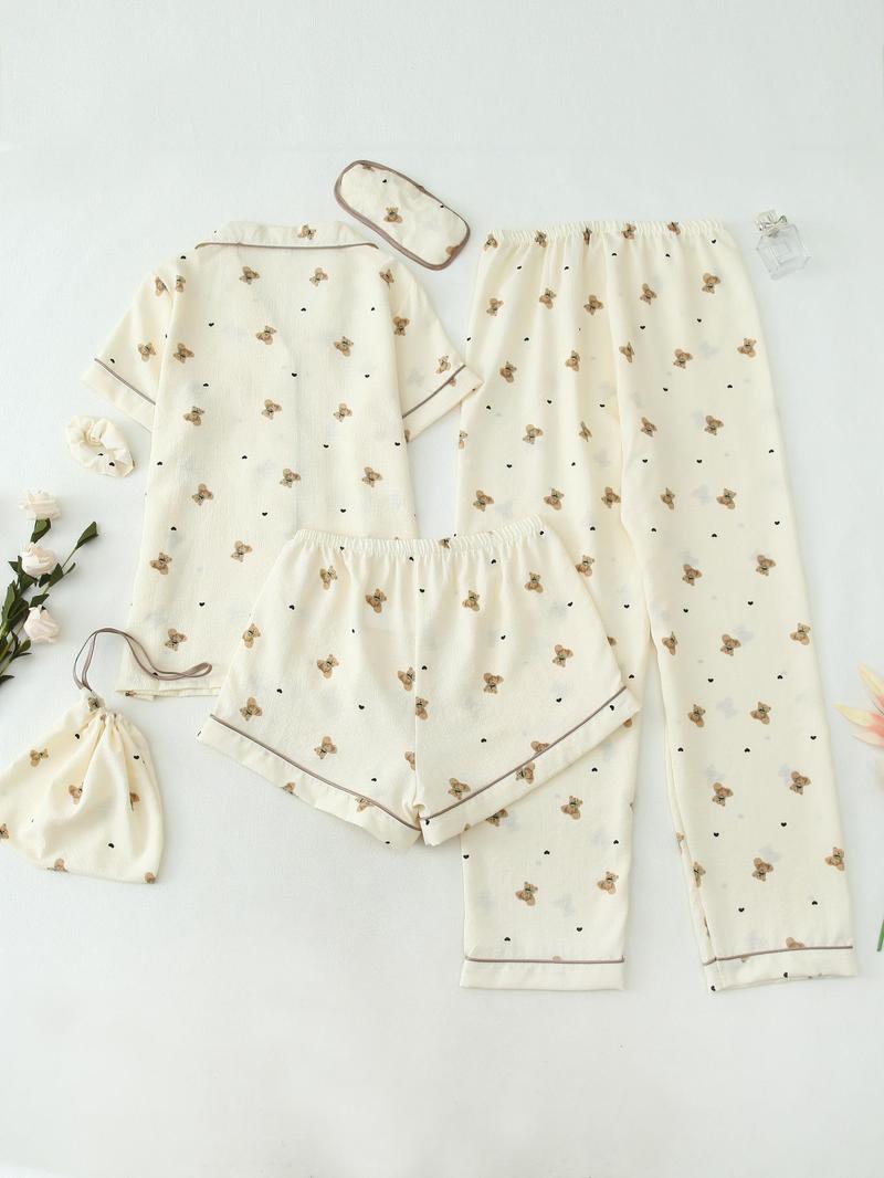 Women's Two-Piece Set All Over Cherry Print Contrast Binding Pyjama Set, Casual Elegant Lapel Pocket Shirt & Elastic Waist Pants & Shorts & Scrunchie & Eye Mask & Storage Bag, Women's Sleepwear for All Seasons, Matching, Womenswear, Pajama Set, Pajamas