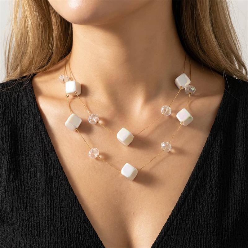 Minimalist Geometric White Aurora Square Necklace for Women Double Layer Locket Chain Elegant Modern Fashion Jewelry
