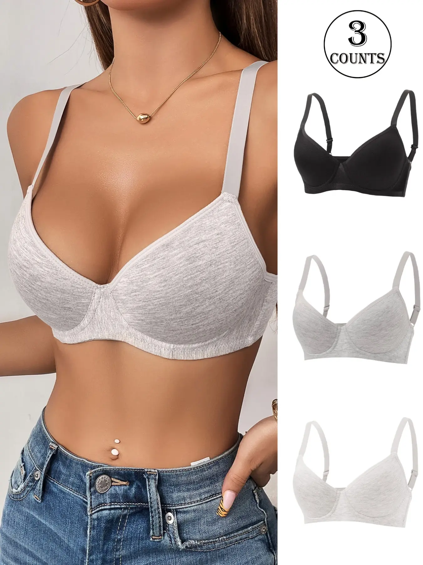 3/5 Pack Basic Casual Medium Support Push-Up Bras with Steel Ring, Comfortable Adjustable Straps Breathable Lined Bra for All Seasons