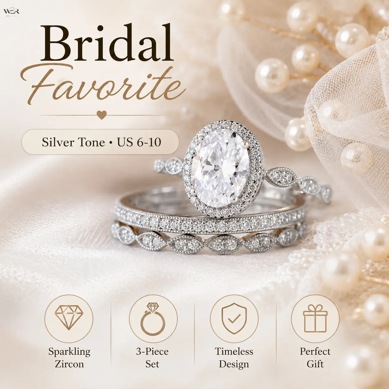 3Pcs Silver Tone Bridal Ring Set, Oval Halo CZ Engagement Ring with Pave Band & Leaf Stackable Matching Band, US Sizes 6-10 Elegant Wedding Promise Jewelry, Romantic Anniversary Gift for Women Bride