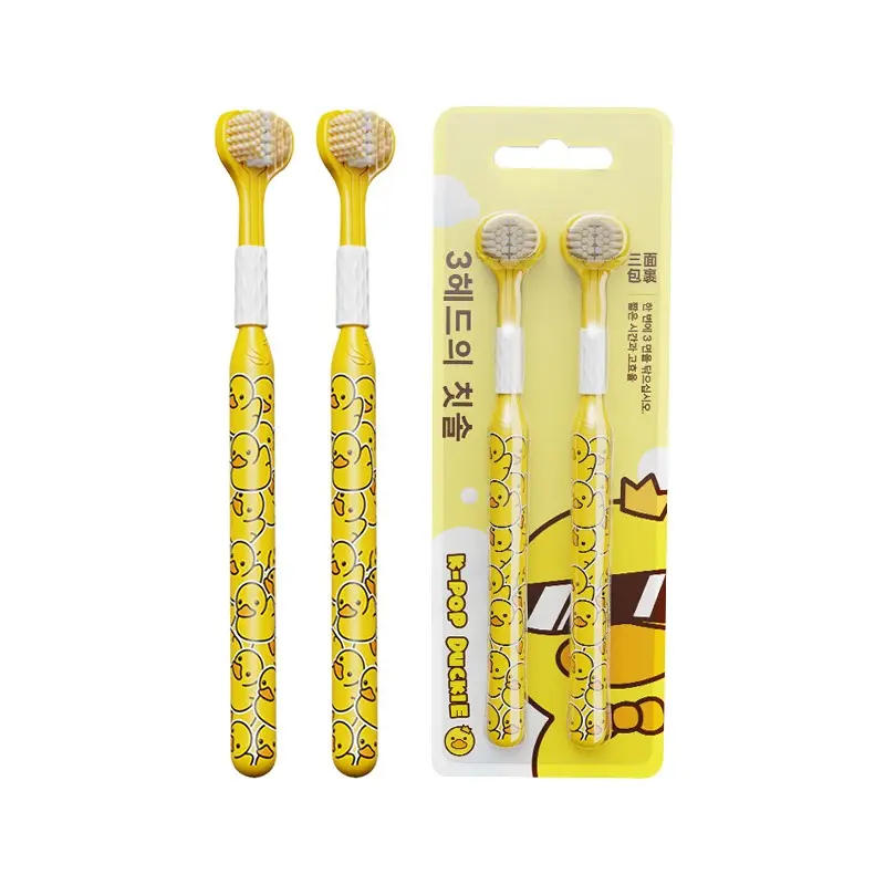 2-Pack Three-Sided Soft-Bristle Toothbrush Set – Deep Cleaning for Interdental Spaces and Tongue Coating – Cute Little Yellow Duck Handle – Suitable for Couples
