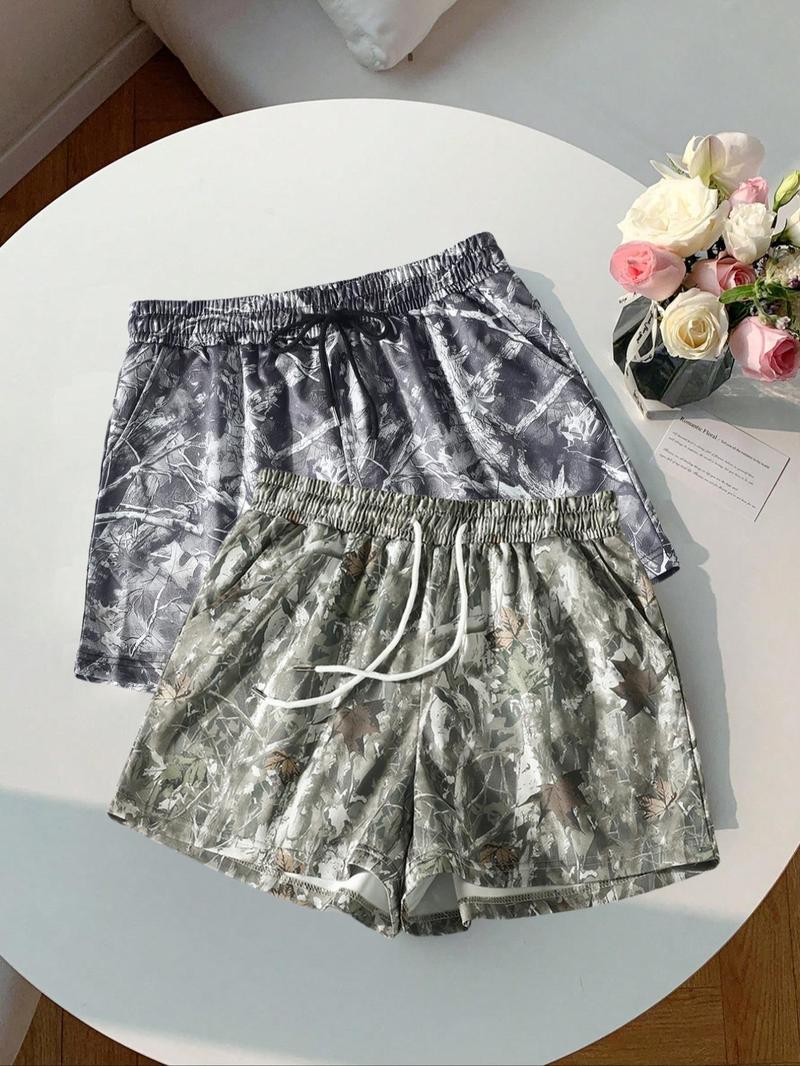 Women's Camo Print Tie Waist Shorts, Casual Comfy Breathable Shorts for Summer, Ladies Bottoms for Daily Wear, Womenswear, Lightweight Printed Shorts, Drawstring Shorts