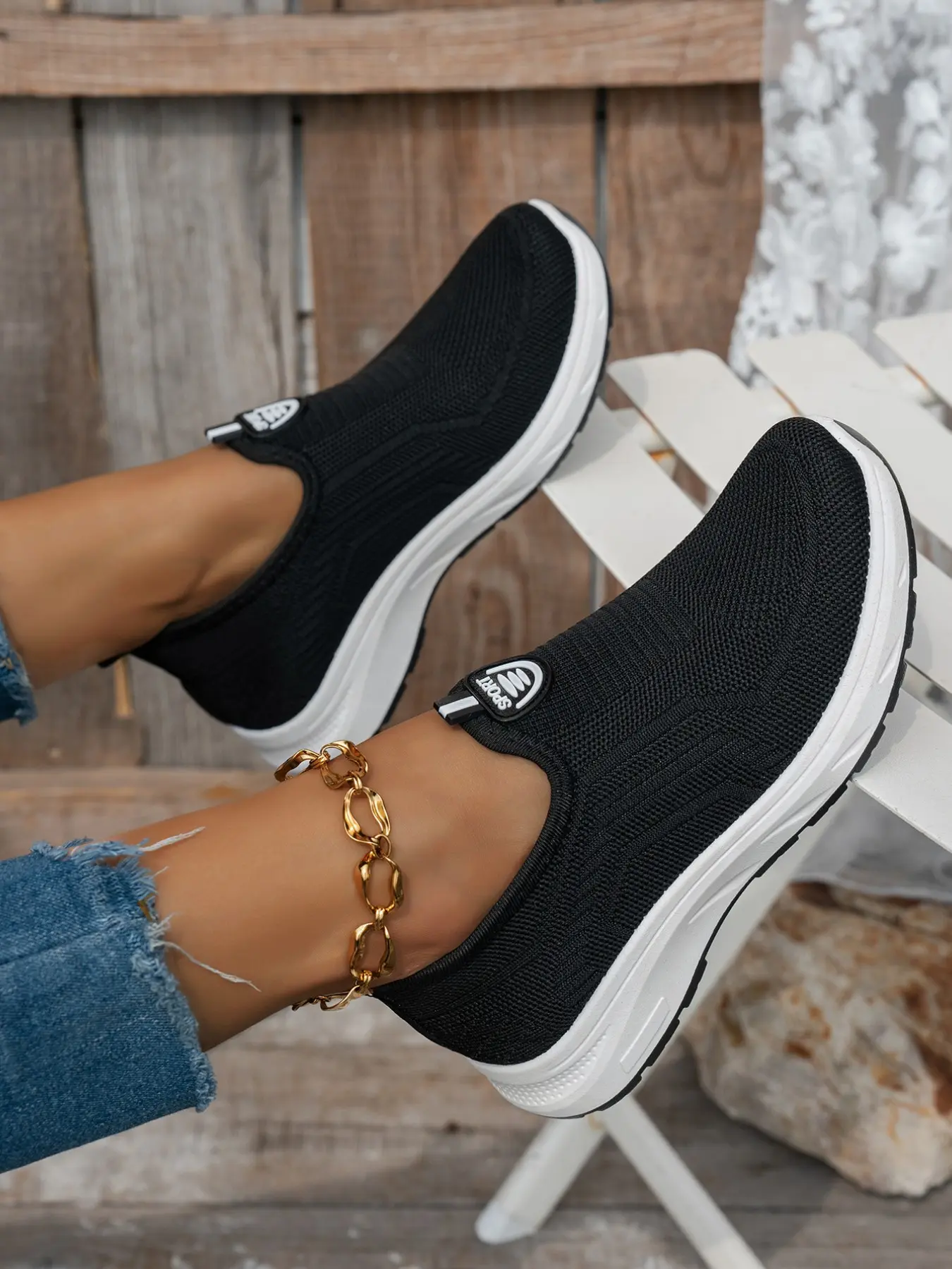 Women's Solid Striped Fly Knit Slip-On Platform Walking Shoes Sneakers, Breathable Hollow Mesh Lightweight Flexible Non-Slip Soft Thick Rubber Sole Casual Sports Loafers for Summer Daily Commute Shopping & Outdoor Strolls