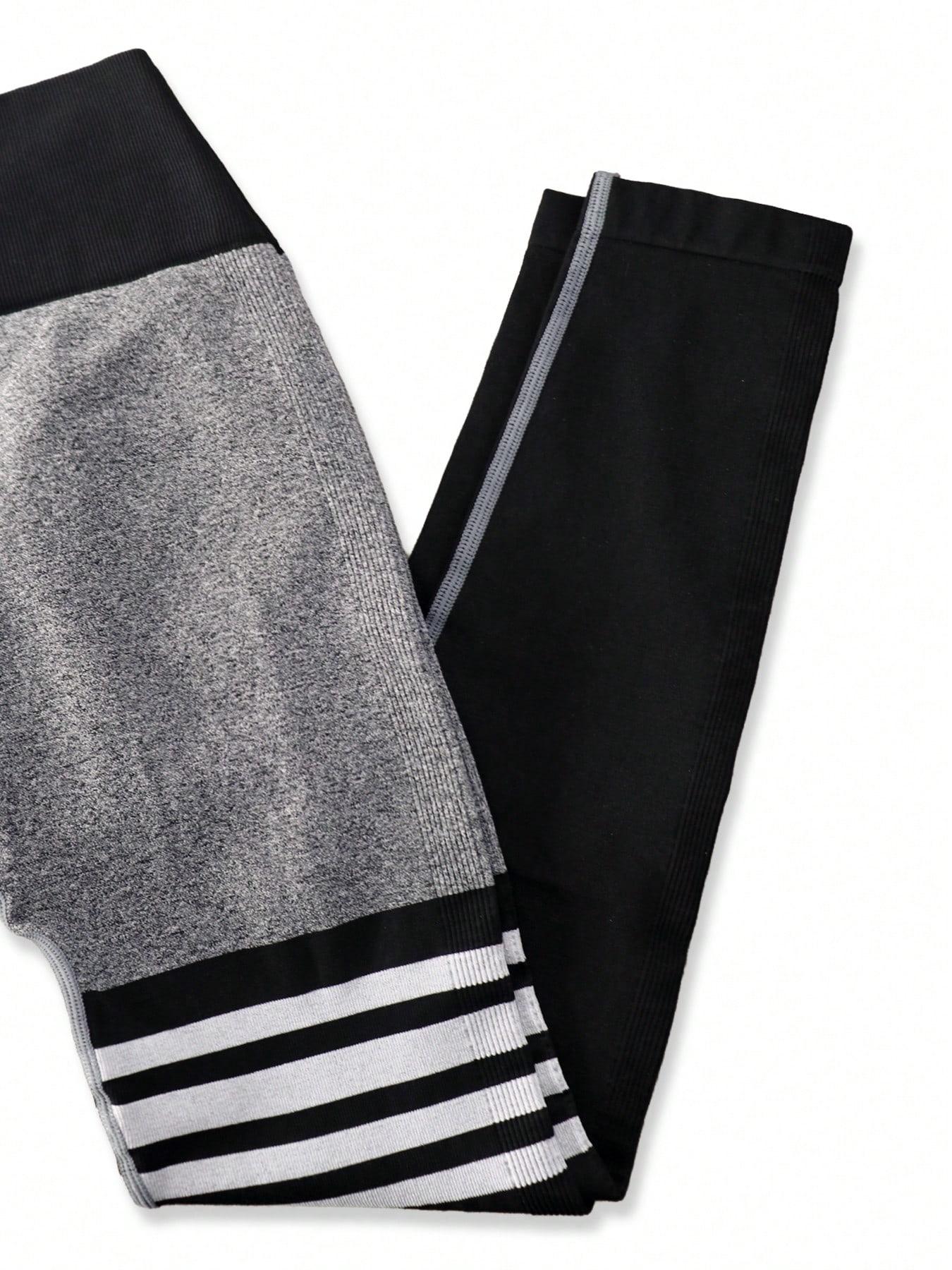 Sports Striped Linen Color High Waist Crinkled Women's Yoga Leggings High Stretch Seamless Tights For Indoor & Outdoor Workout Abdomen Control Shaping Peach Butt Casual Versatile 3 Counts