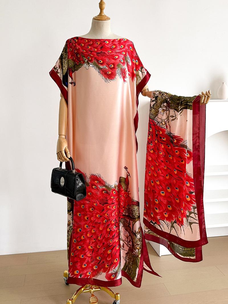 Women's Peacock Print Cape Shawl & Scarf Set, Elegant Beach Cover-Up For Holiday Vacation, Swimsuit Cover Up