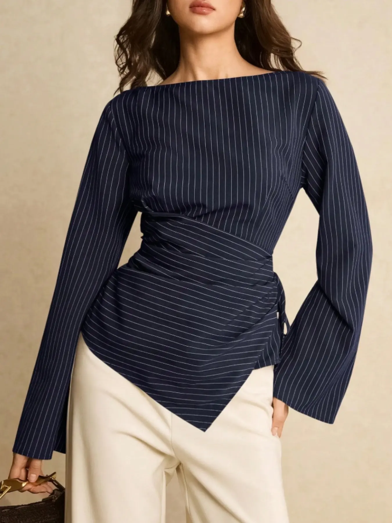 Women's Boat Neck Side Tie Casual Elegant Striped Shirt, Asymmetrical Fitted Long Sleeve Blouse,  Formal Occasion Business Tops,  Spring Fall Office Wear