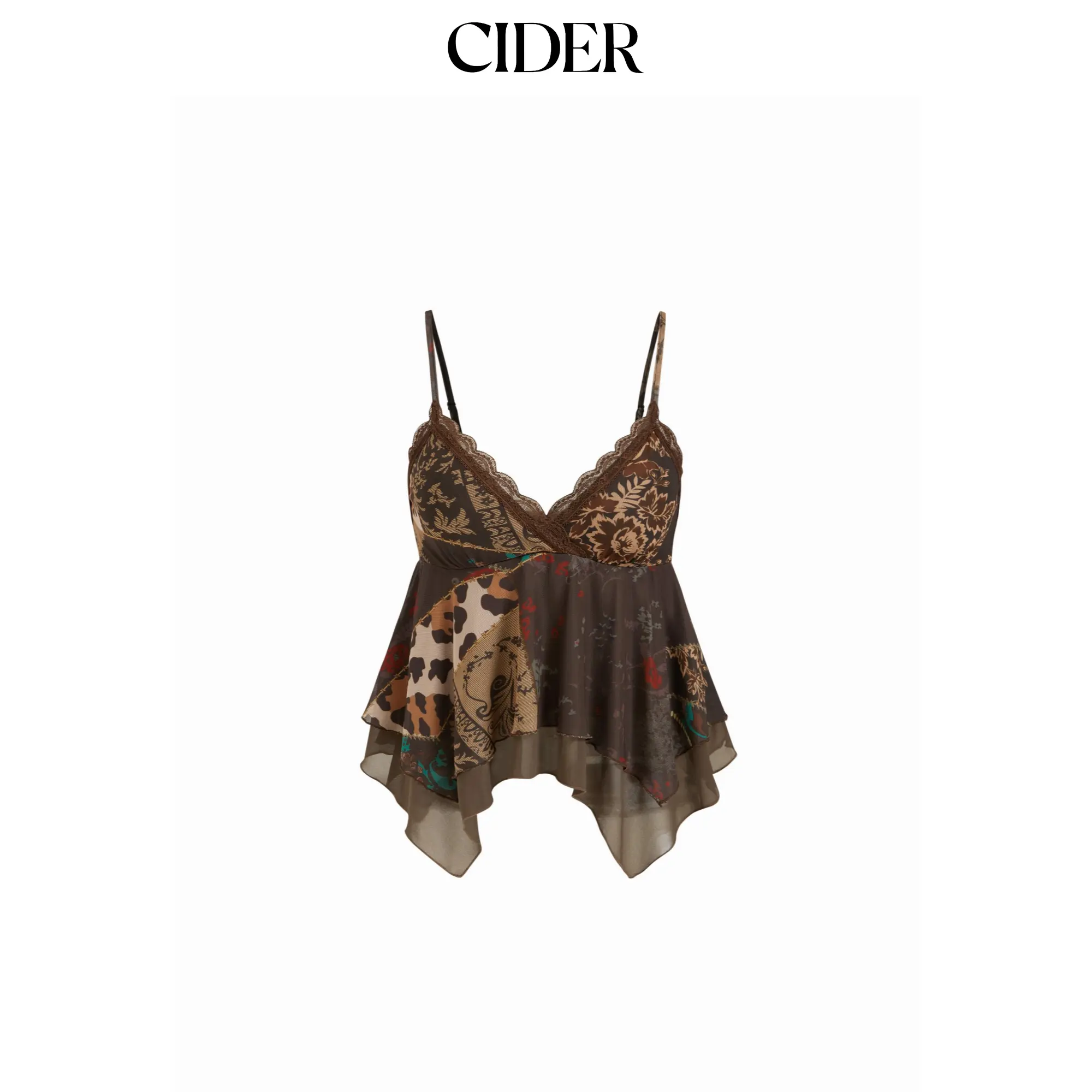 Cider Mesh Aztec V-neck Lace Trim Layered Hanky Hem Crop Cami Top