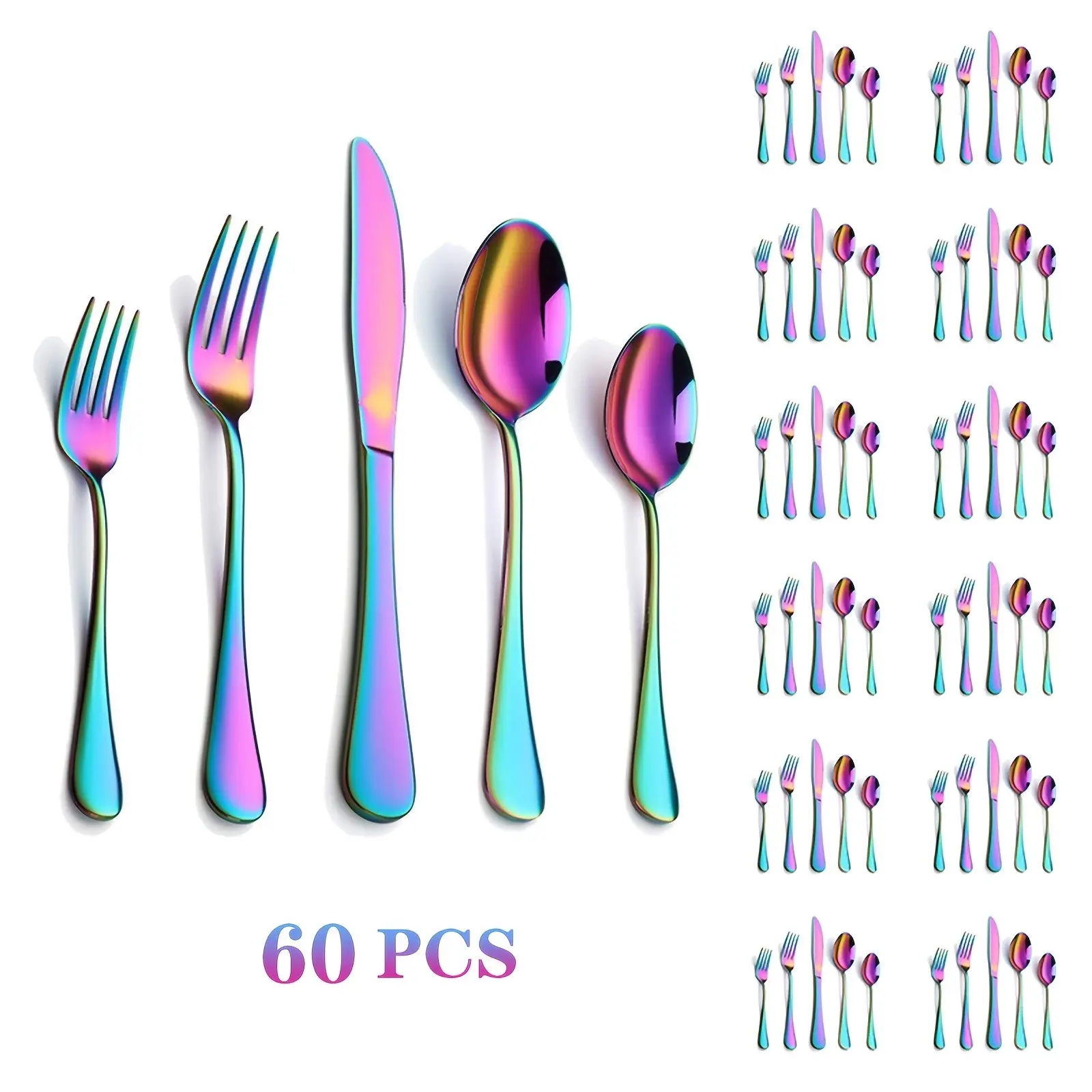 60pcs Outdoor Stainless Steel Rainbow Cutlery Set, Portable And Durable, 12 Serving Knives, Forks And Spoons Set, Mirror Polished Cutlery, Dishwasher Safe, Suitable for Outdoor Activities, Camping, Traveling, Picnics, Hiking, Parties
