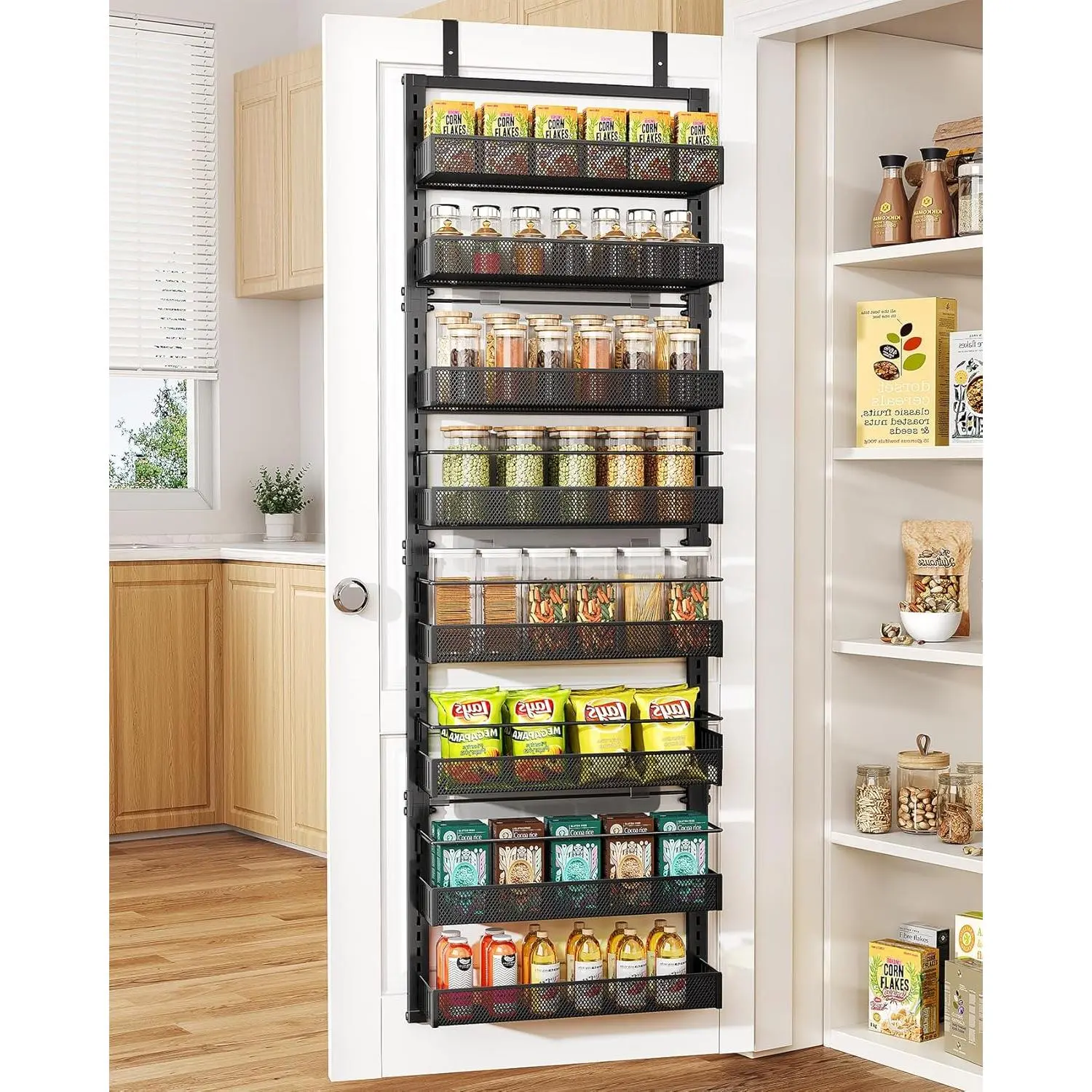 8 Tiers Over the Door Organizer - Height Adjustable Pantry Organizers and Storage with Dense Mesh Baskets, Anti-Swing Hanging Door Spice Rack for Kitchen Bathroom (Black, 17" W x 6" D x 69" H)
