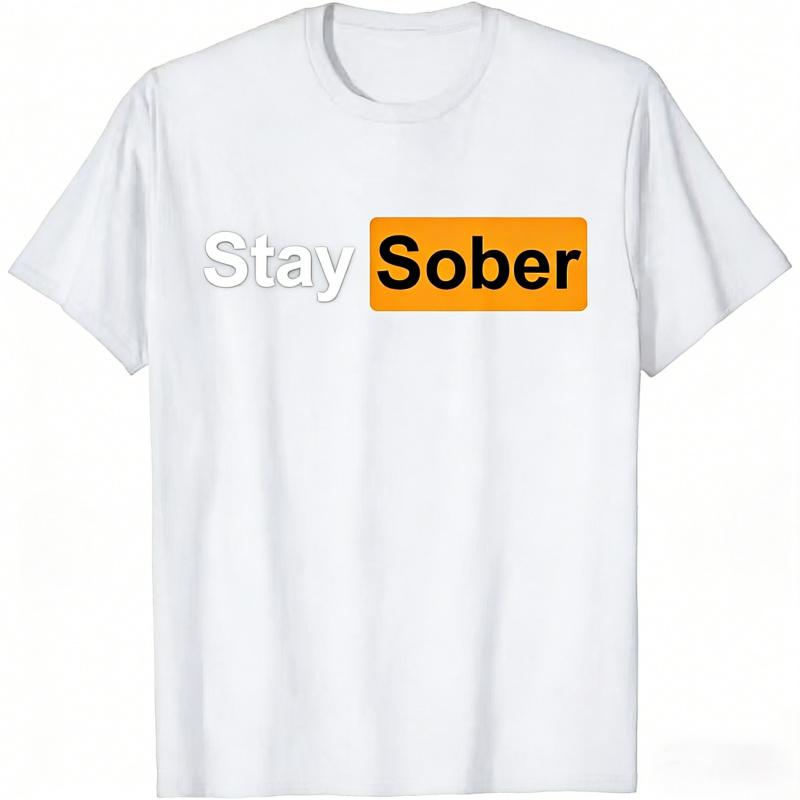 Minimalist Style Casual Cotton Short Sleeve Letter Print "Stay Sober" T-Shirt for Men Black Fabric Menswear