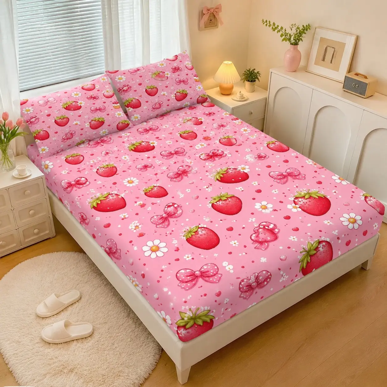 3-Piece Strawberry Heart Flower Bed Sheet Set, Valentine's Day Theme, Cute Bedding, Soft Breathable Mattress Protector