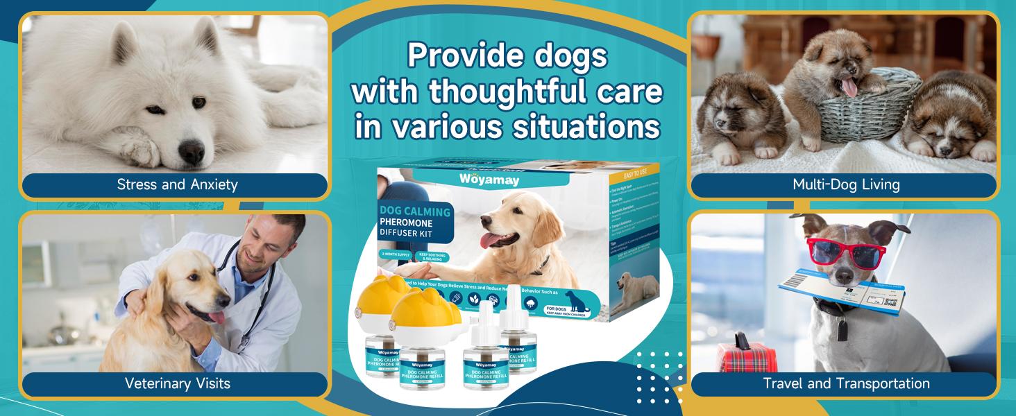 Dog Calming Diffuser - Dog Pheromones Calming Diffuser for Dog Anxiety Relief 6-in-1 Dog Pheromone Diffuser Kit with 2 Diffuser + 4 Refill 48ml Vial - 120 Days Pheromone Diffuser to Calm Dogs