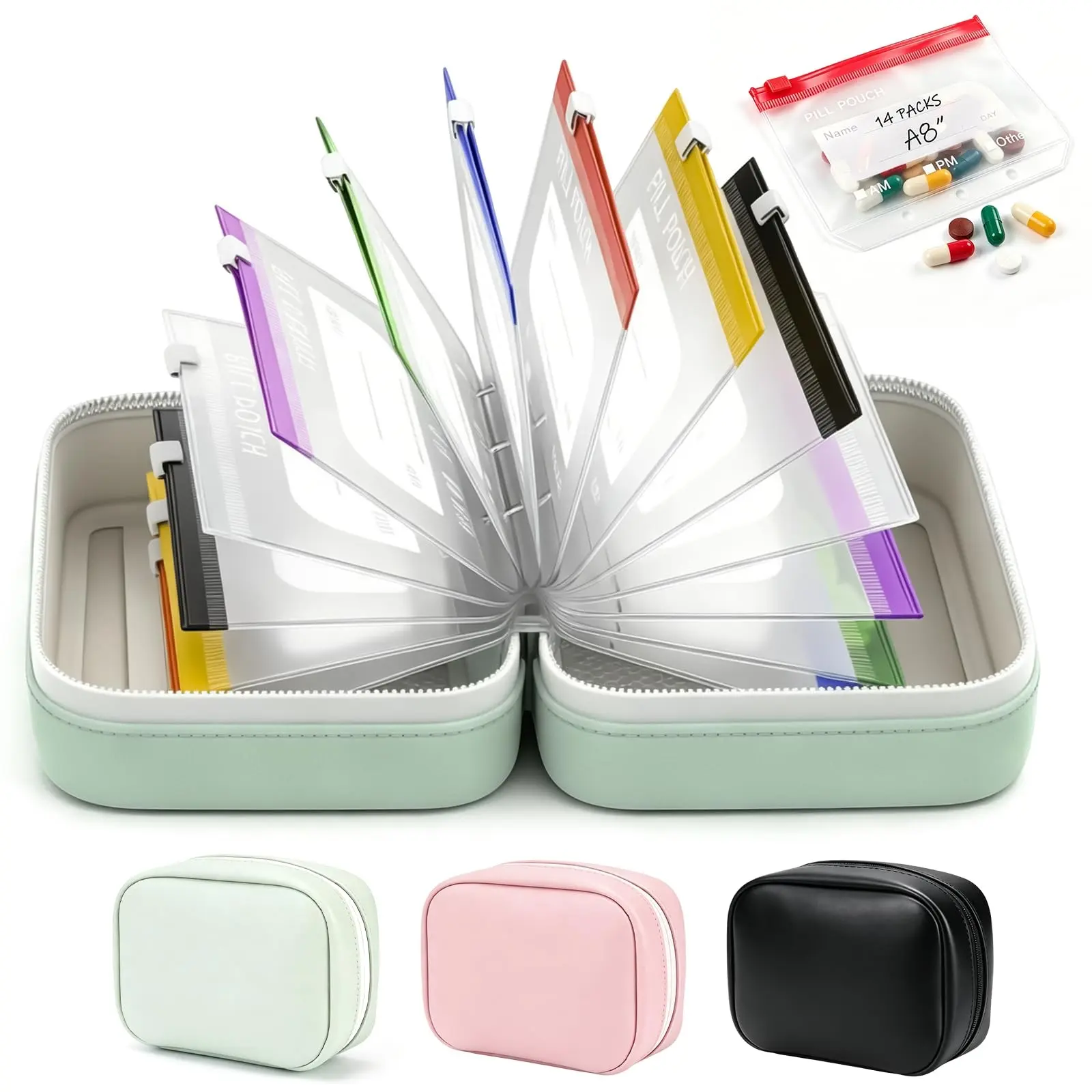 Waterproof Pill Pouch Set, Weekly Travel Medicine Organizer, 14 Color-Coded Zipper Bags, Reusable Pill Storage for Vitamins & Supplements