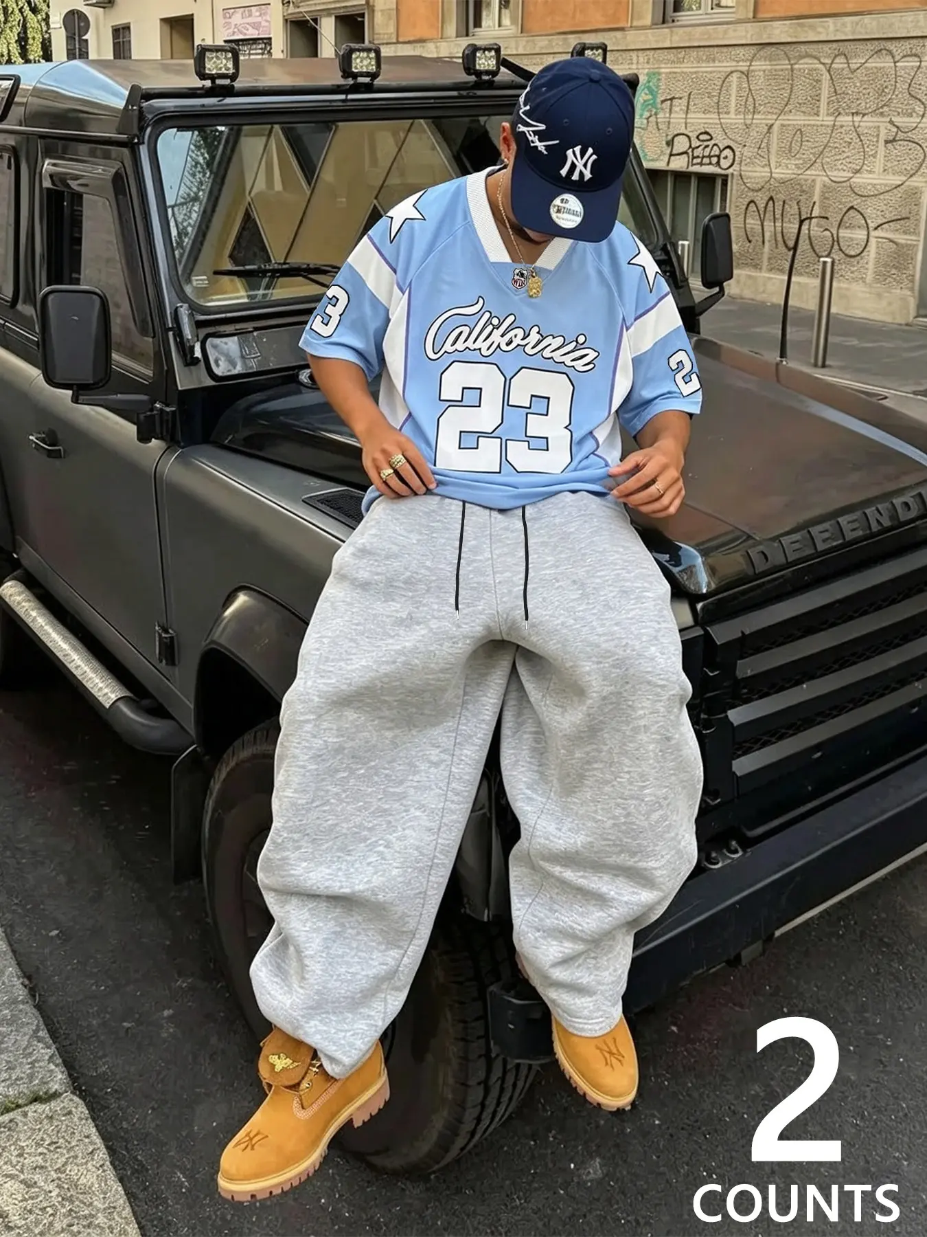 2-Piece Men's Outfit Set: Menswear California No.23 Star Print V-Neck Short Sleeve Top & Drawstring Baggy Sweatpants, Suitable For Streetwear, Weekend Gatherings And Daily Casual Looks