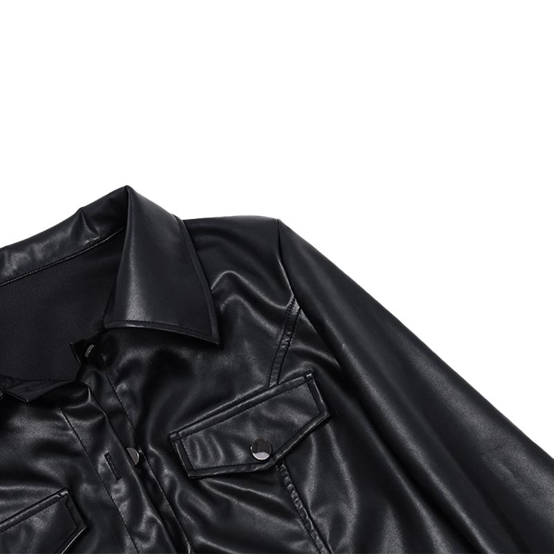 Women Crop Leather Jacket Solid Color Casual Long Sleeve Button Down Jacket Fall Outwear Coats Love Polyester Spring Tops Outerwear Black Fitted