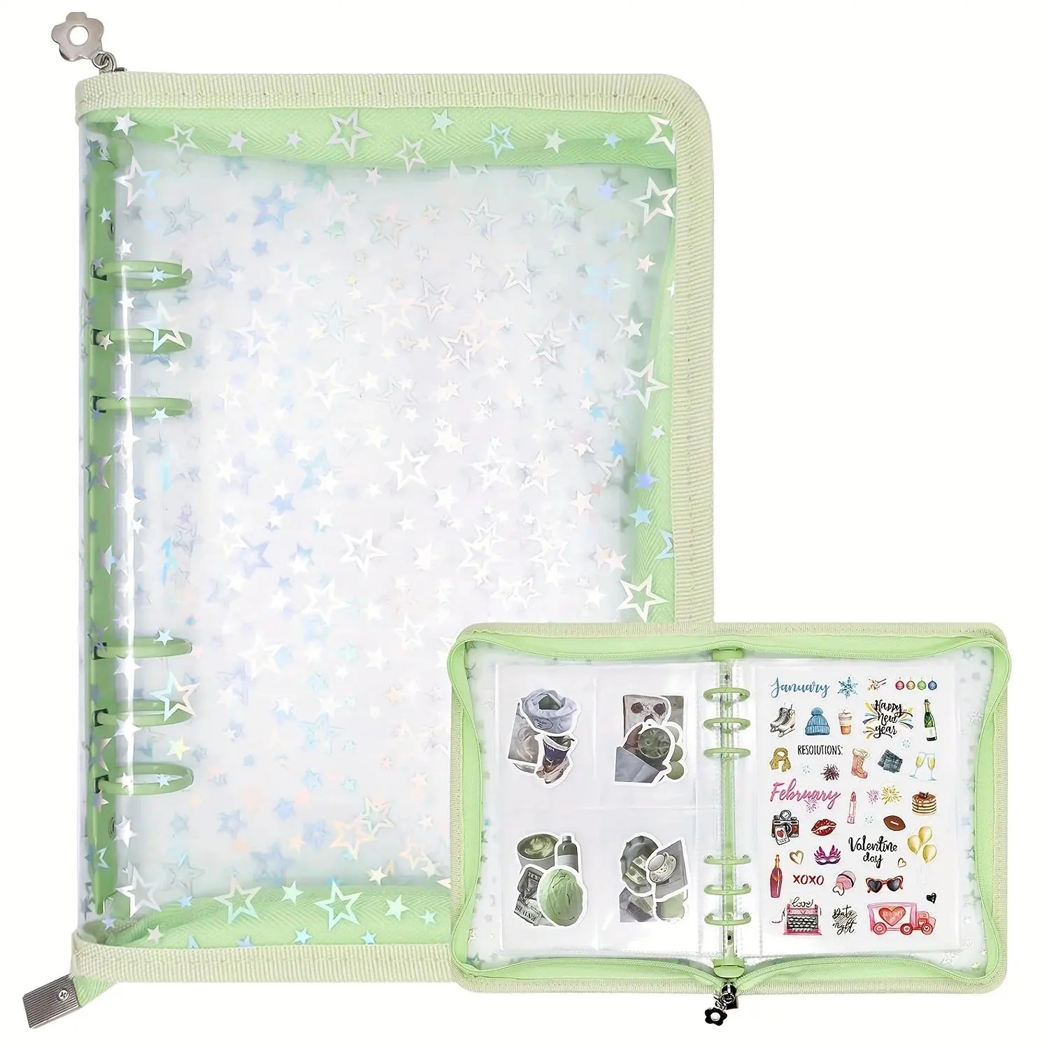 Sticker Storage Organizer Binder A5 Sticker Collecting Book Reusable Zipper Album with Clear Laser Star Cover and Pocket Pages