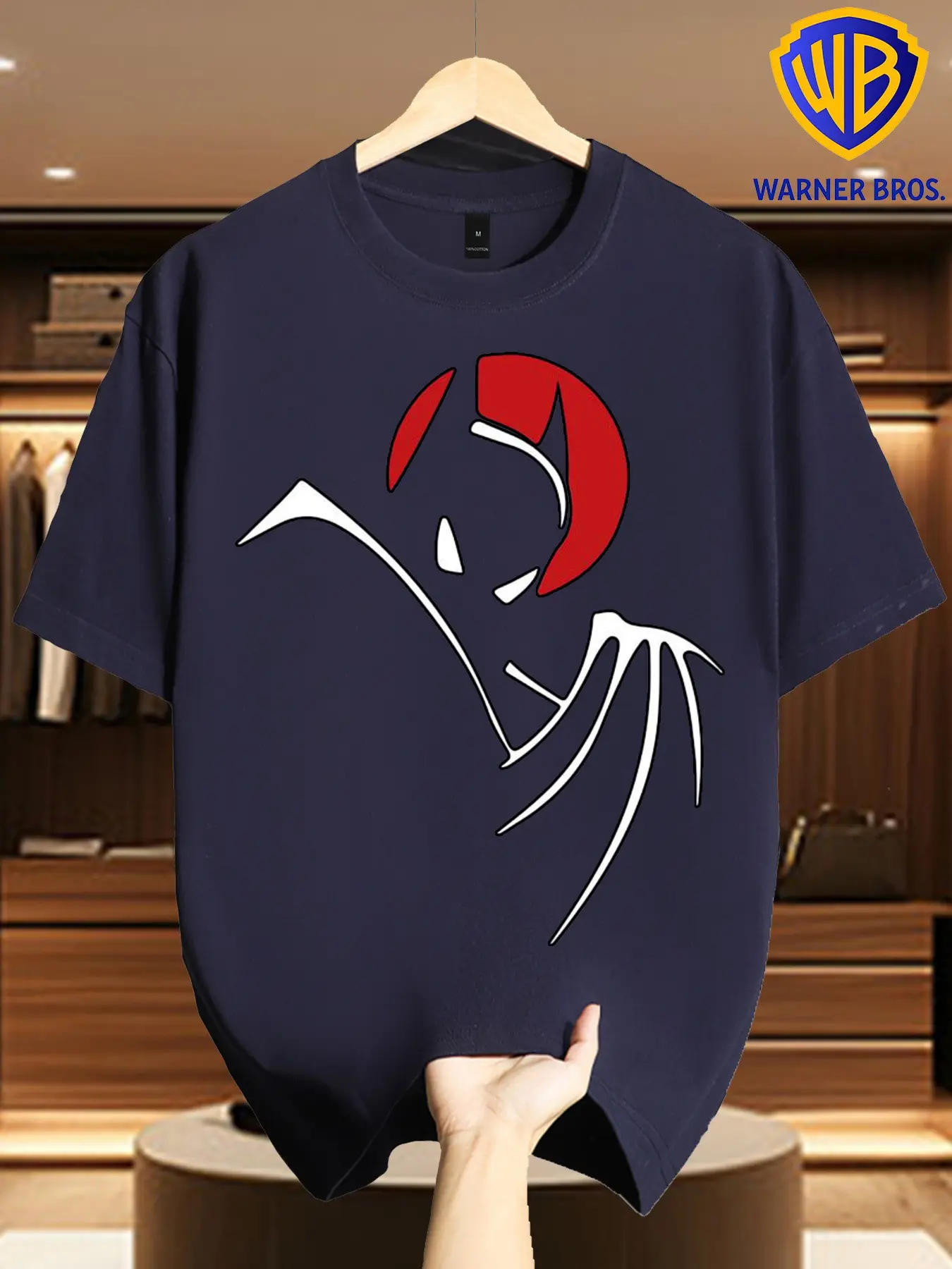 Warner Bros Batman Silhouette T-Shirt, Abstract Bat Pattern, Casual Streetwear, Long Loose-Fit Sleeveless Top, Dark Style