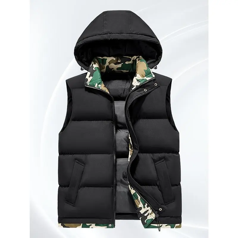 Men's Camouflage Sleeveless Vest with Hood - Warm Winter Sleeveless Jacket, -Filled Insulation & Zippered Pocket, Machine Washable Outdoor Hunting Coat for Fall and Winter (Green/Brown/Black/Gray), Winter Vests for Men Large Size