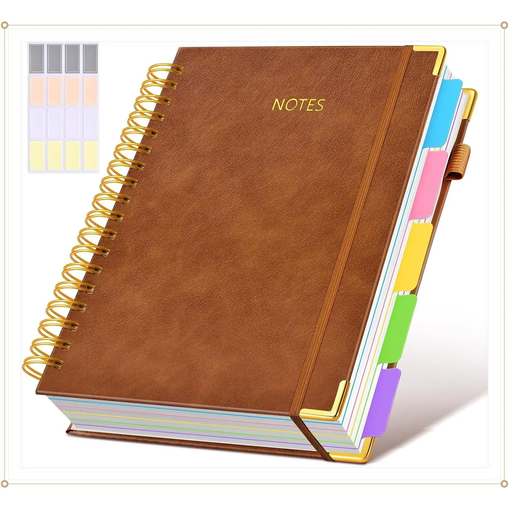 Hardcover Spiral Notebook Journal with Removable Dividers Tabs, 300 Pages Leather 5 Subject College Ruled, 8"x10" Large B5 Lined Notebook for Work School, Women, Light BrownGift