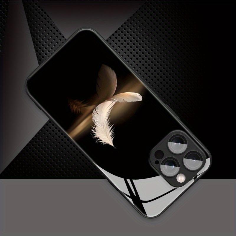 Luxury Minimalist White Feather Golden Reflection Pattern Phone Case with Lens Protection, for iPhone 17 16 15 14 13 12 11 pro max, Full Coverage Anti-Fall Protective Case, Phone Accessory