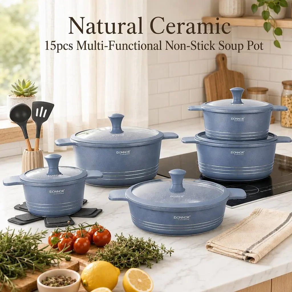 15 Piece Family Cooking Cookware Set, Ceramic Non-Stick Stock Pots, 7.8/9.4/11/12.6 Inch Deep Soup Pots & 11in Shallow Pan, Complete Kitchen Kit with 3 Heat Resistant Pot Trivets, Food Grade Silicone Spatula & Ladle, Compatible with All Stovetops