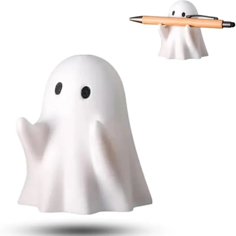 Cute Ghost Pen Holder, Kawaii Halloween Desk Decor, Resin Pencil Stand, Funny Desktop Stationery Organizer for Office Home