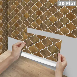 6/12/24/48Pcs FG Retro Warm Coffee Water Wave Lantern Mosaic Tile Stickers, 2D Flat PVC Crystal Film Self Adhesive Waterproof Oilproof Wall Decals For Kitchen Bathroom Floor Wooden Surfaces Home Decor