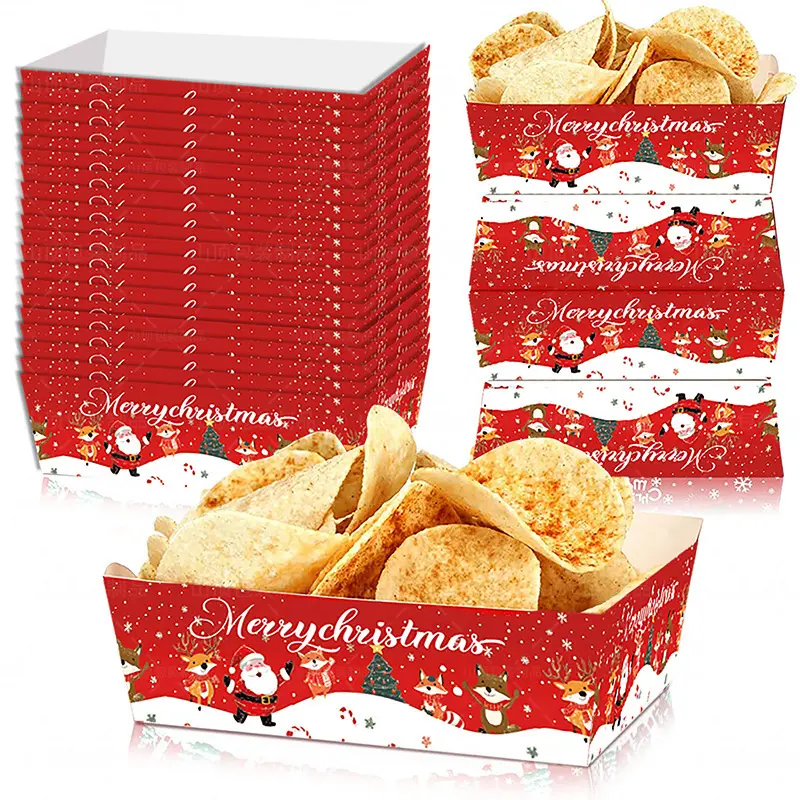 New Arrival 20Pcs Christmas Food Trays, Disposable Paper Snack Trays, Xmas Party Candy Treat Boxes