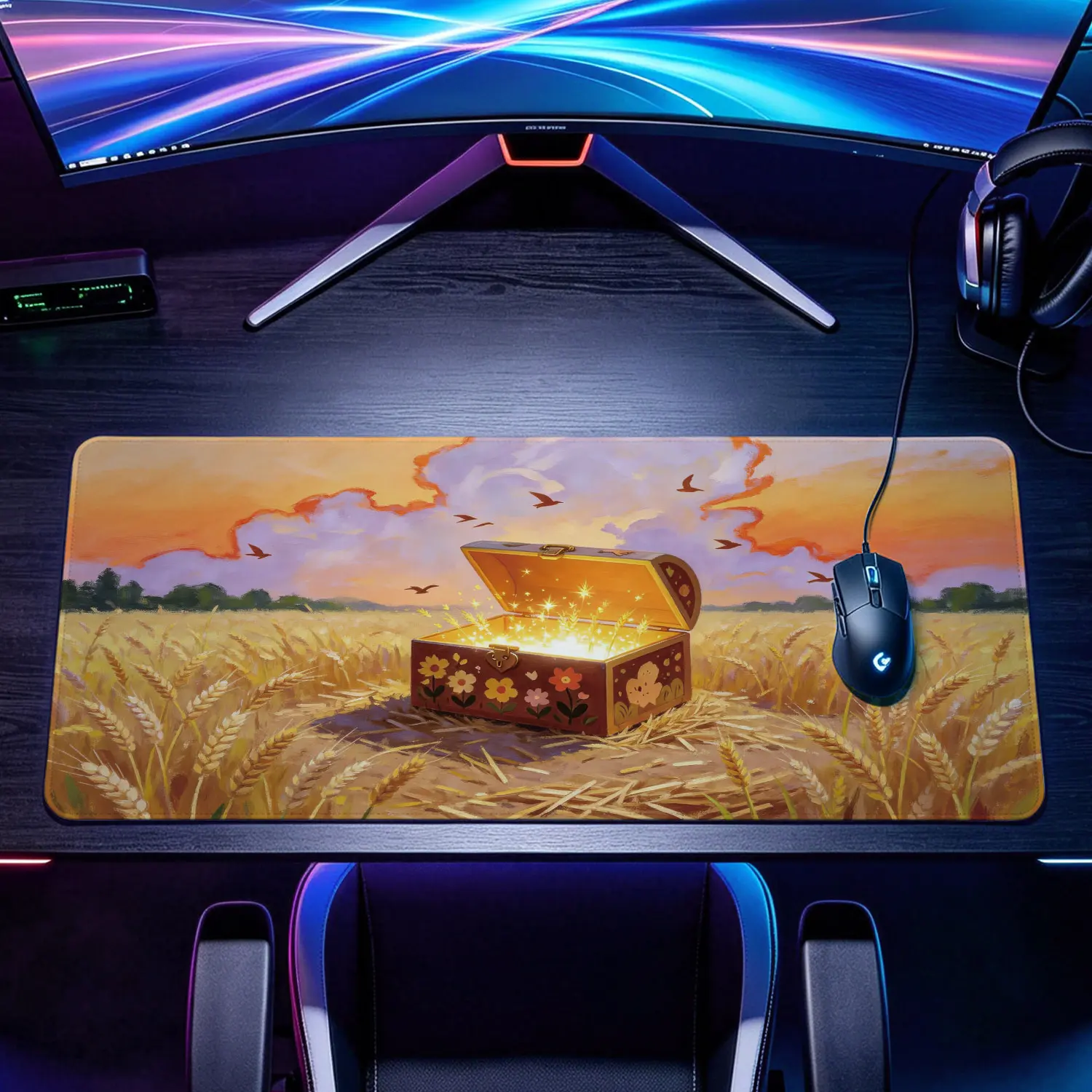 Extra Large glowing treasure chest in wheat field Mouse Pad,Non Slip Rubber Pad,Desktop Decoration Drotection Pad,Washable,Lock Edge Multi Size,Premium Multipurpose Mousepad For Home,Office,Gift for Family and Friends