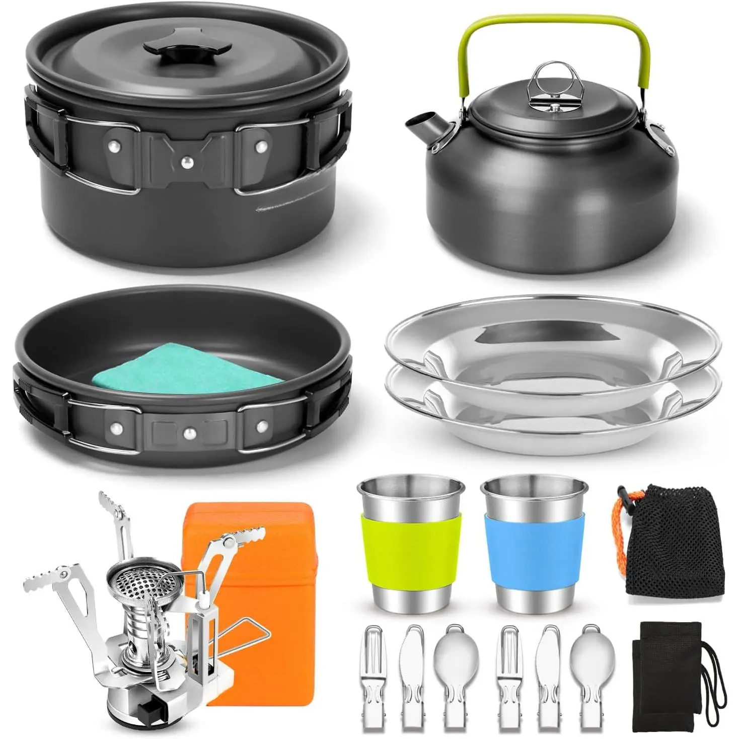 16pcs Camping Cookware Set with Folding Camping Stove, Non-Stick Lightweight Pot Pan Kettle Set with Stainless Steel Cups Plates Forks Knives Spoons for Camping Backpacking Outdoor Picnic