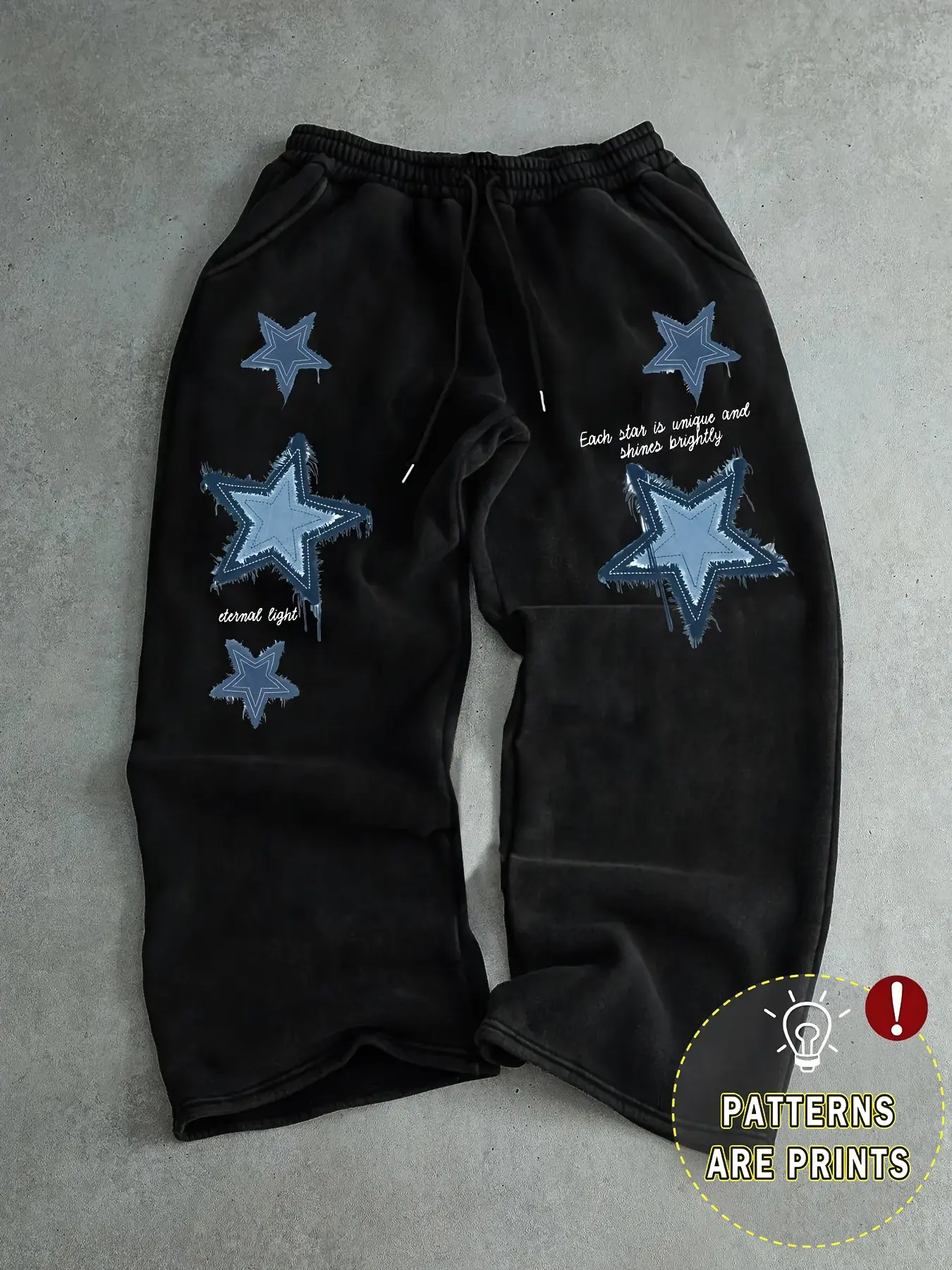 Subculture Star Theme Casual Sweatpants, Frayed Edge Details, Asymmetric Design, Loose Fit, Oversized, All Seasons, Campus Wear, Night Photography, Daily Use