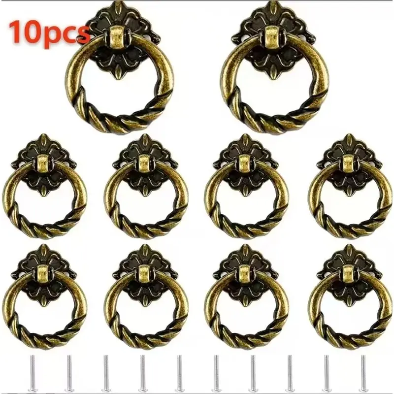 10pcs retro round cupboard door handle, antique brass drawer handle with screws, old knot drawer handle, classic hardware accessories for furniture repair and decoration.