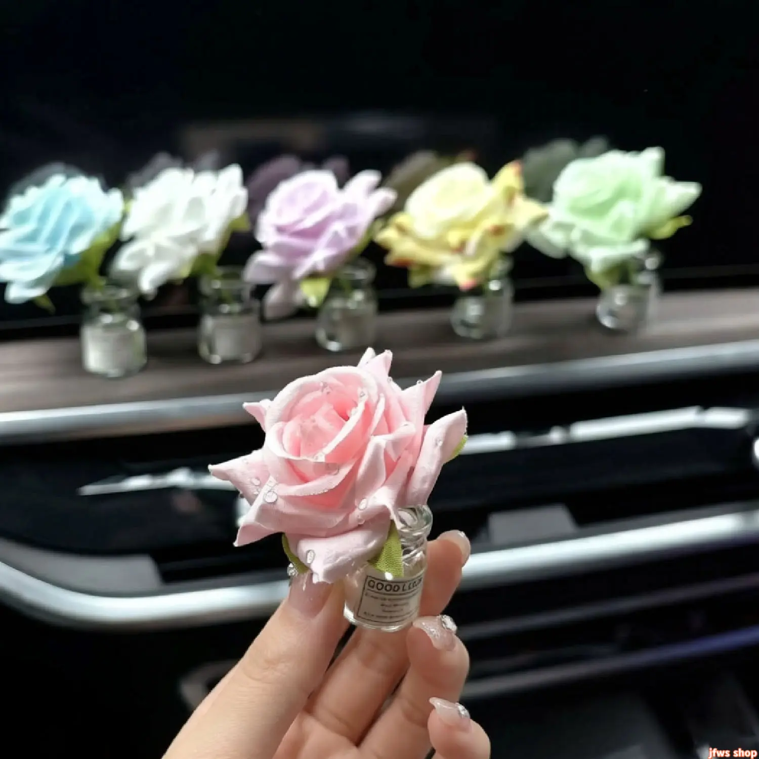 2026 New Simulated Dew Rose Flower In Glass Vase Car Dashboard Ornament Lifelike Petals Clear Vase Elegant Light Luxury Summer Cute Gift for Women Hot Trendy Auto Accessory Daily Driving