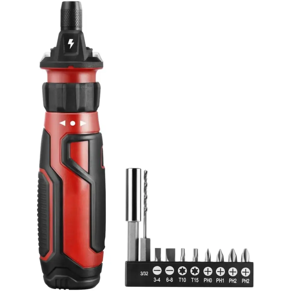 4V Rechargeable Cordless Screwdriver (SD561201 R011, Red) with Circuit Sensor Technology, Metallic Body, Live Wire Safe, 9pcs Bit Set + Holder, USB Charging Cable