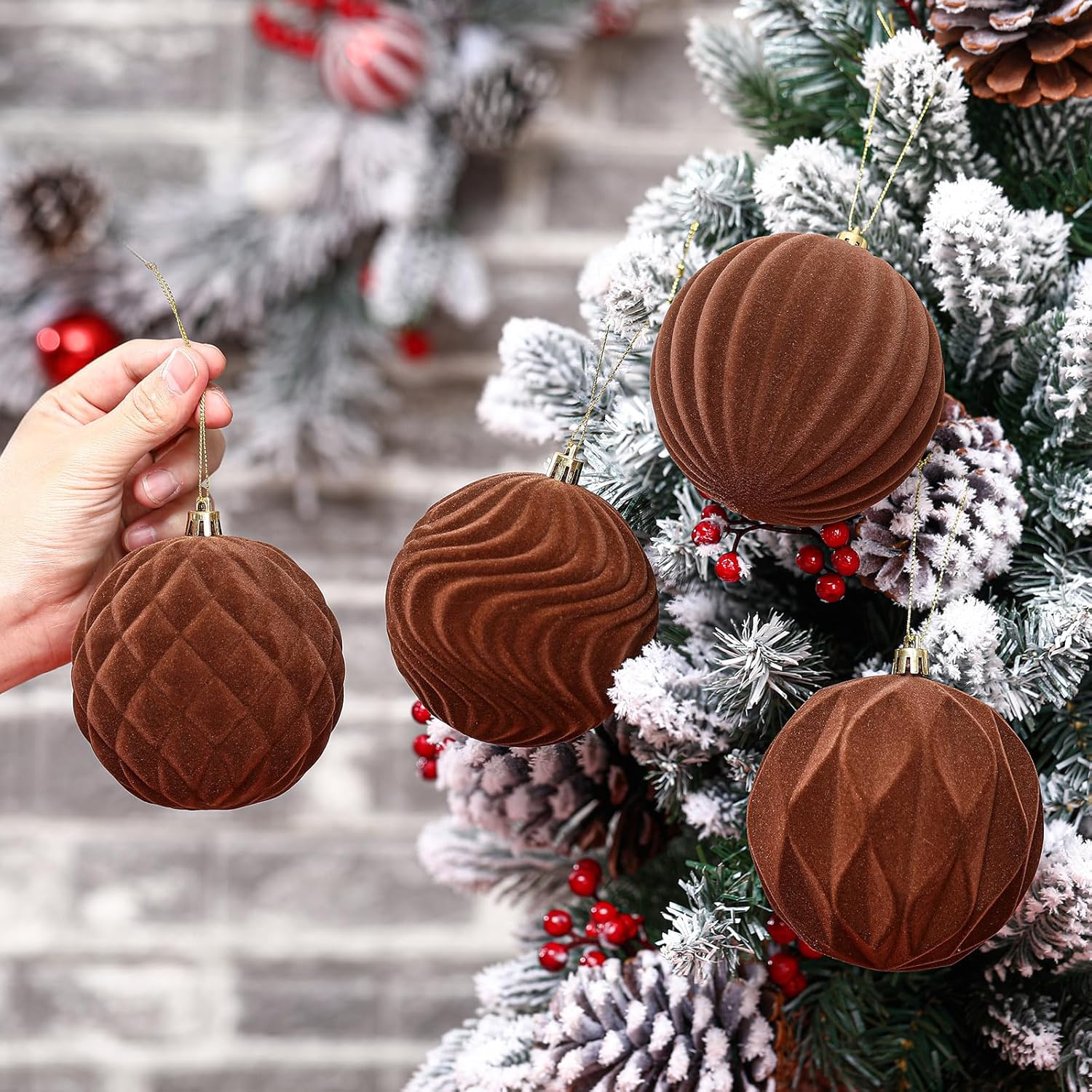 4 Pcs 4 Inch Brown Large Velvet Christmas Ball Ornaments Vintage Christmas Plastic Ball Ornaments Flocked Tree Hanging Decoration for Xmas Party Wedding Home Decor