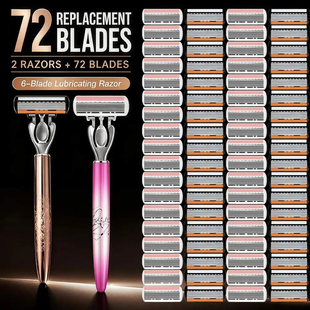 [72 Blades, 2 Handles] 6-Layer Lubricating Razor Set | Rose Gold & Blush Pink Handles | Super Smooth, No Nicks | Suitable for Men & Women | Perfect for Gifting or Personal Use!