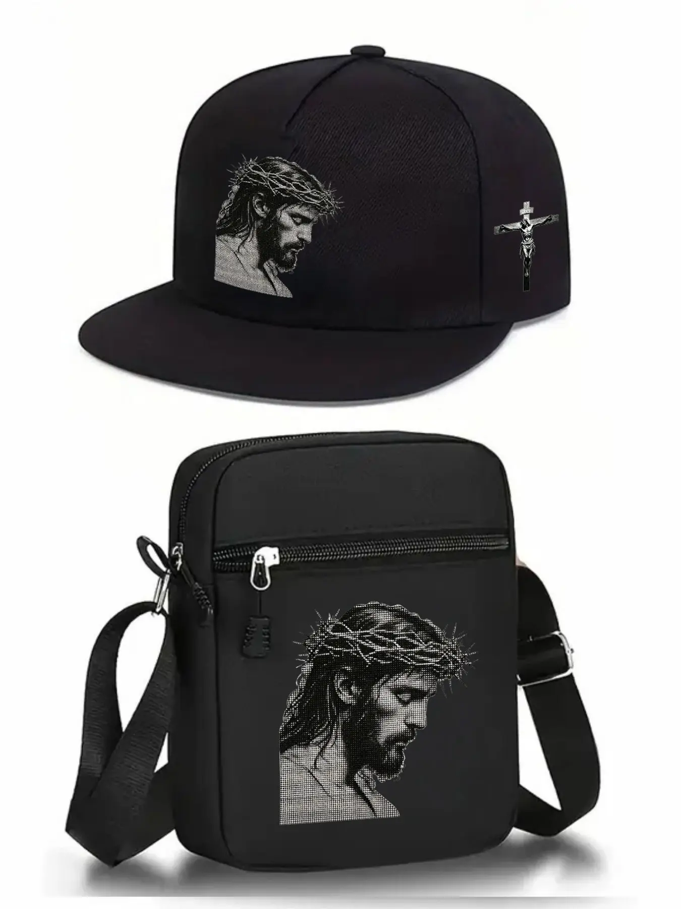 Jesus Cross Print Faith Baseball Hat and Shoulder Bag Set, Adjustable Street Fashion Outdoor Sports Gear, Perfect for Daily Wear or Gift