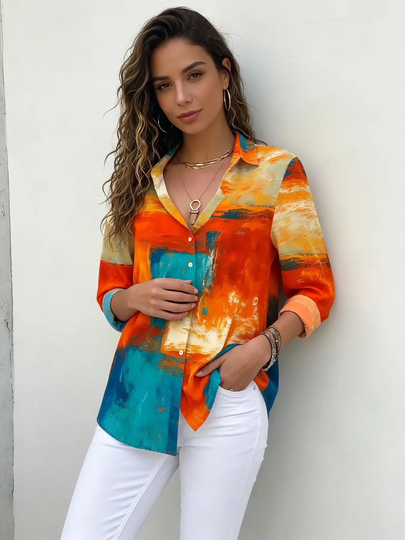 2026 New Women's Art Oil Painting Color Block Brush Stroke Gradient Long Sleeve Shirt, Blue Watercolor Abstract Print Loose Fit Collar Blouse