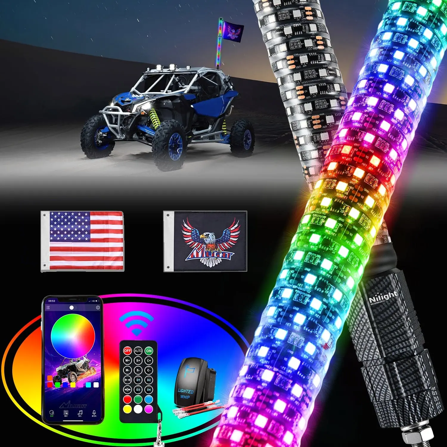Nilight 1Pc 3FT Aluminum Spiral Antenna LED Fat Whip Light with Aluminum Base, Bluetooth Remote & App Control, Chase & Scan RGB LEDs, Color Changing Stackable Design for Automotive Work Lights, LED Emergency Flash Strip Bars